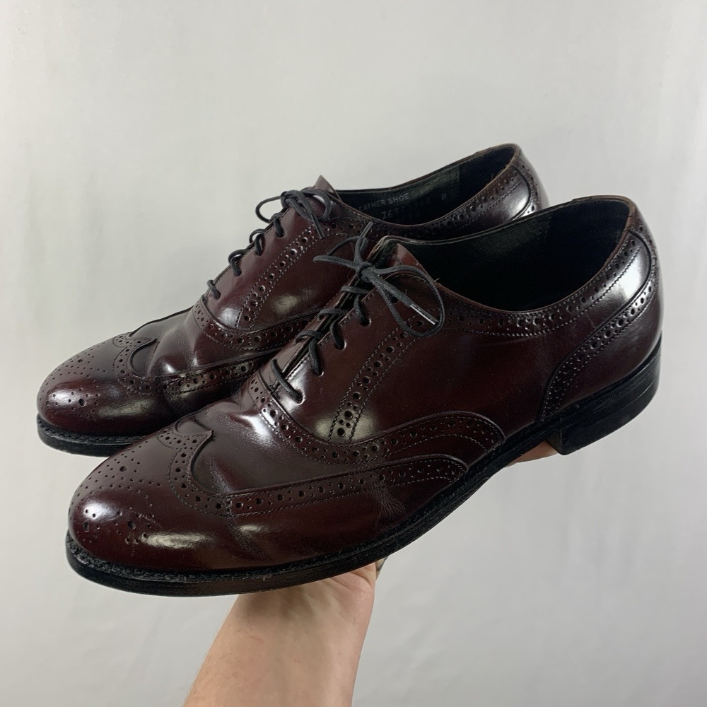 VTG Mens All Leather Wingtip Brogue Oxford Dress Shoes 9.5 E/C Oxblood Burgundy